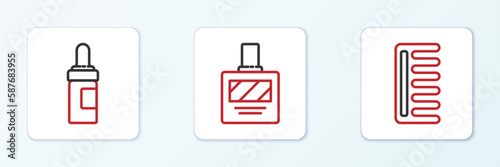 Set line Hairbrush, Beard and mustaches care oil bottle and Aftershave icon. Vector