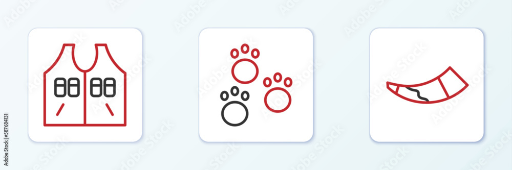 Set line Hunting horn, jacket and Paw print icon. Vector