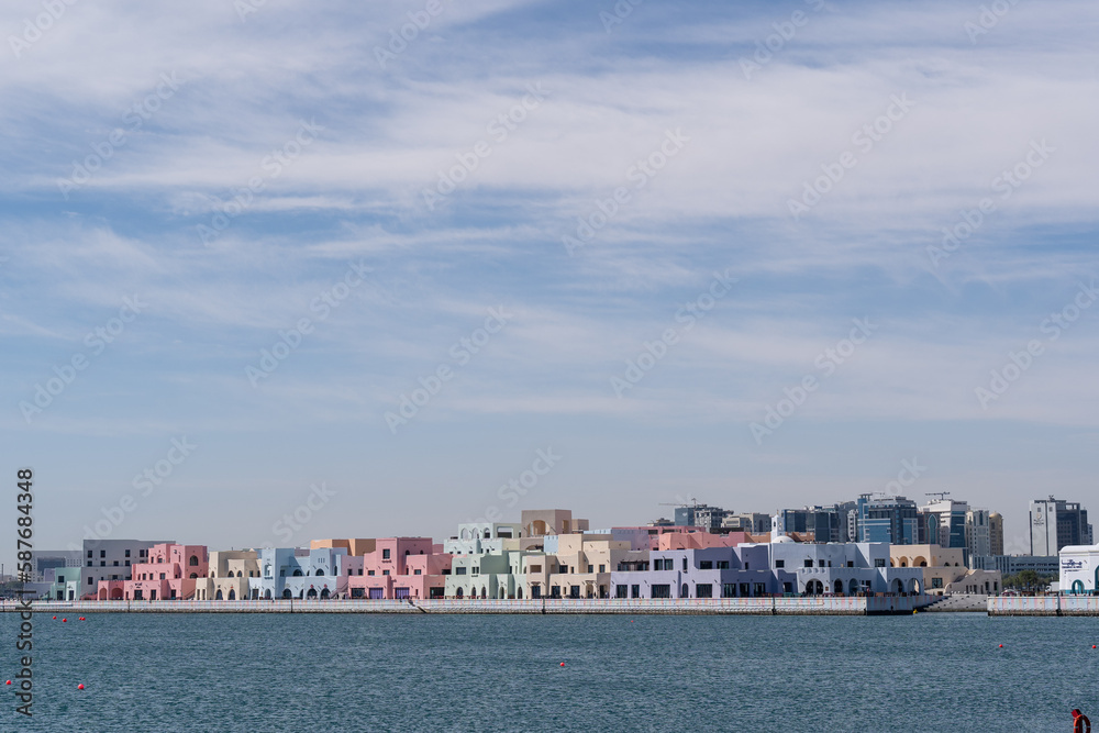 Morning view of Mina District Corniche in old Doha port, Qatar.