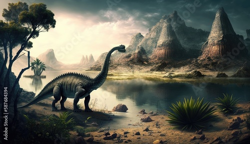 Dinosaurs extinction after an asteroid hit Earth. Generative AI. © andrenascimento