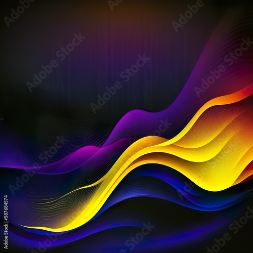 Dark grainy color gradient wave background purple red yellow blue colors banner poster cover abstract design black copy space Generative AI