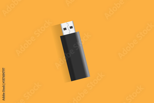 Vector graphic of USB flash disk illustration with black, white, grey and yellow color scheme. Perfect for computer accessories product mockup