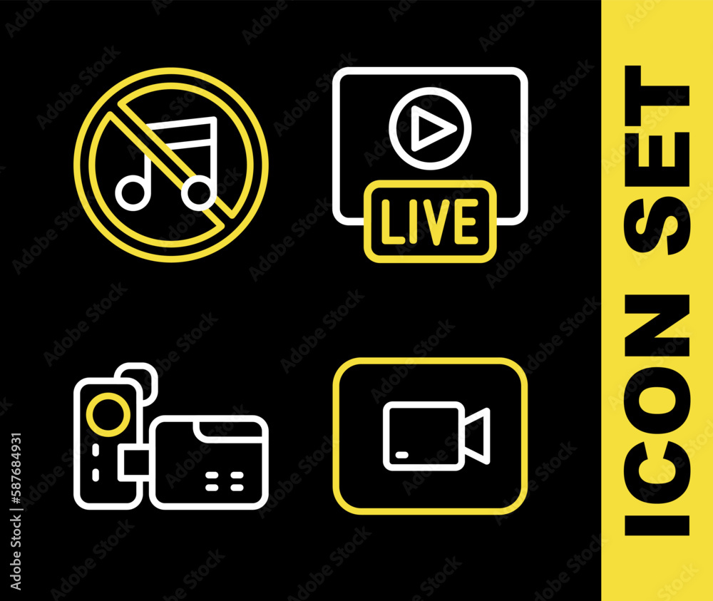 Set line Live stream, Play video button, Cinema camera and Speaker mute icon. Vector Set line Live stream, Play video button, Cinema camera and Speaker mute icon. Vector