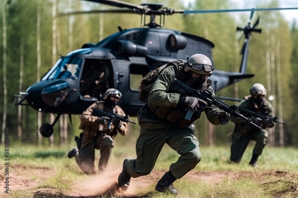 Special forces Anti-terrorist in action with helicopter in background. Generative AI. Special forces Anti-terrorist in action with helicopter in background. Generative AI.