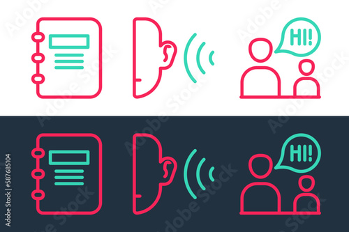Set line Two sitting men talking, Notebook and Ear listen sound signal icon. Vector