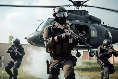 Special forces Anti-terrorist in action with helicopter in background. Generative AI.