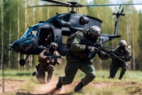 Special forces Anti-terrorist in action with helicopter in background. Generative AI.