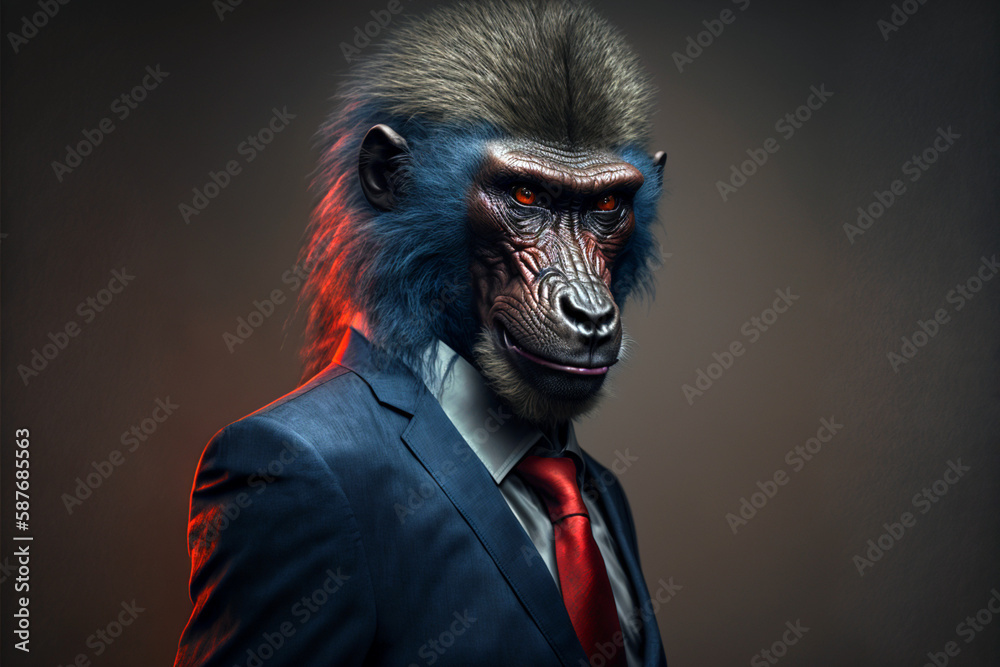 Portrait of a baboon dressed in a business suit, Generative AI