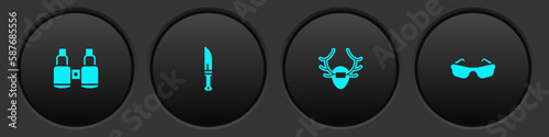 Set Binoculars, Hunter knife, Deer antlers on shield and Glasses icon. Vector