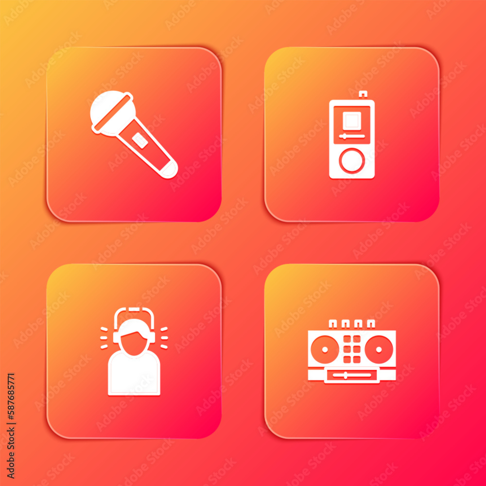 Set Microphone, Music player, Man in headphones and DJ remote and mixing music icon. Vector Set Microphone, Music player, Man in headphones and DJ remote and mixing music icon. Vector