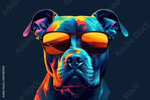 pitbull wearing sunglasses on a solid color background, vector art, digital art, faceted, minimal, abstract. Generative AI. photo