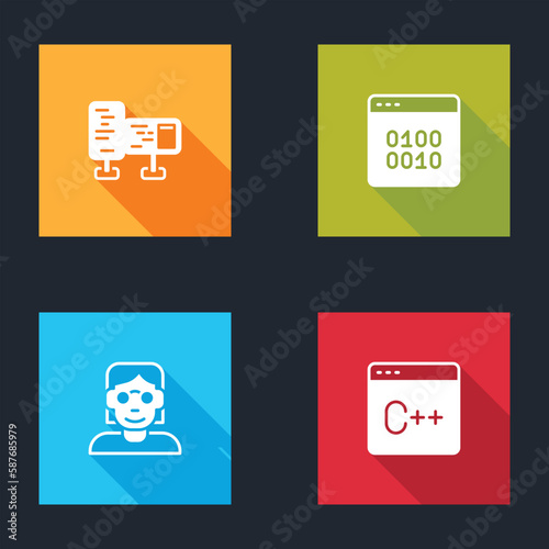 Set Computer monitor screen, Binary code, Hacker coder and Software icon. Vector