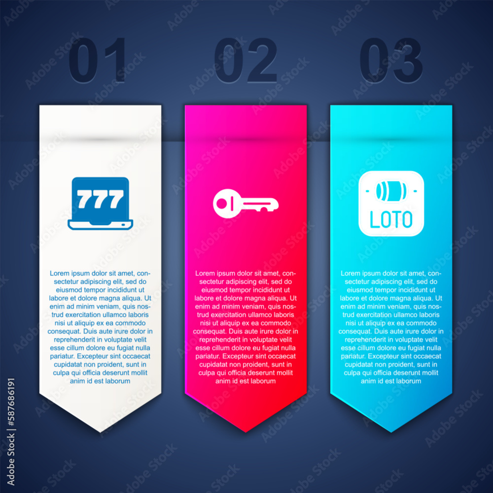 Set Laptop and slot machine, Old key and Lottery ticket. Business infographic template. Vector Set Laptop and slot machine, Old key and Lottery ticket. Business infographic template. Vector
