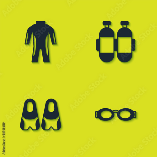 Set Wetsuit for scuba diving, Glasses swimming, Flippers and Aqualung icon. Vector