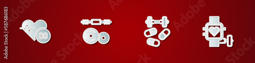 Set Heart rate, Barbell, Sports doping with dumbbell and Smart watch heart icon. Vector