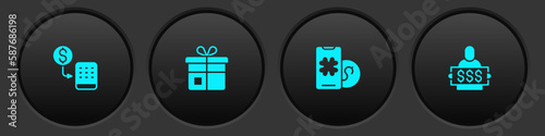 Set Casino chips exchange, Gift box, Online poker table game and Winner holding prize ticket icon. Vector