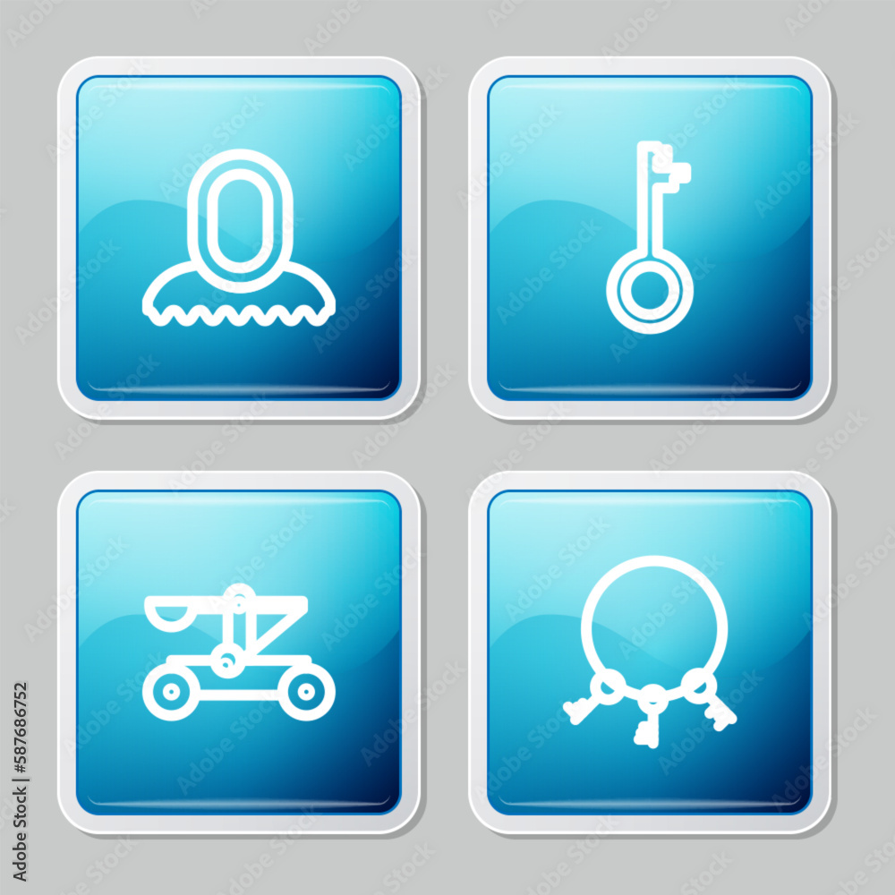 Set line Medieval hood, Old key, Catapult shooting stones and keys icon. Vector Set line Medieval hood, Old key, Catapult shooting stones and keys icon. Vector
