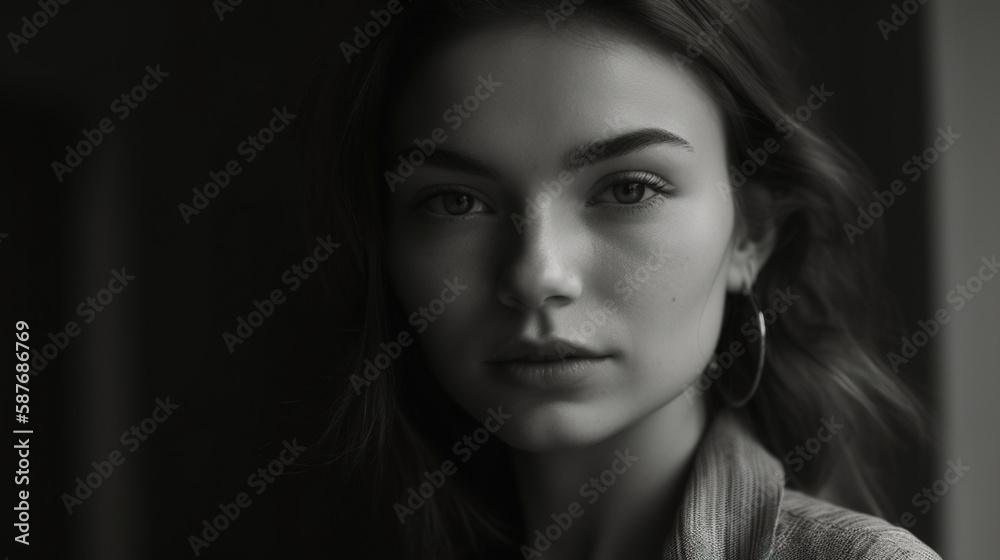 High fashion portrait, a confident model's face is captured in fine detail, eye level, and black & white, lit by natural window light in a minimalistic studio, Created with generative Ai Technology. High fashion portrait, a confident model's face is captured in fine detail, eye level, and black & white, lit by natural window light in a minimalistic studio, Created with generative Ai Technology.