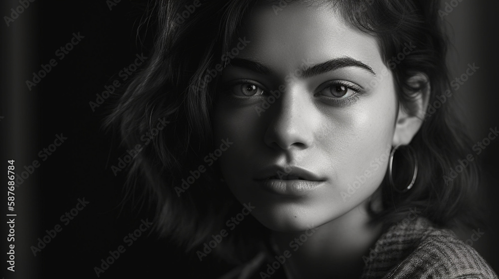 High fashion portrait, a confident model's face is captured in fine detail, eye level, and black & white, lit by natural window light in a minimalistic studio, Created with generative Ai Technology.