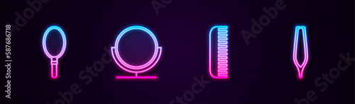 Set line Hand mirror, Round makeup, Hairbrush and Eyebrow tweezers. Glowing neon icon. Vector