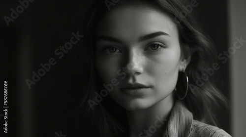 High fashion portrait, a confident model's face is captured in fine detail, eye level, and black & white, lit by natural window light in a minimalistic studio, Created with generative Ai Technology. © Roberto