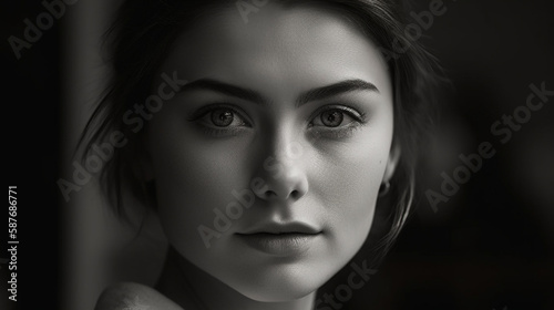 High fashion portrait, a confident model's face is captured in fine detail, eye level, and black & white, lit by natural window light in a minimalistic studio, Created with generative Ai Technology.