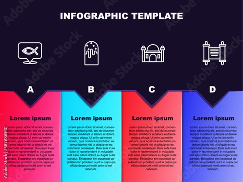 Set line Christian fish  Easter cake  Muslim Mosque and Decree  paper  parchment  scroll. Business infographic template. Vector