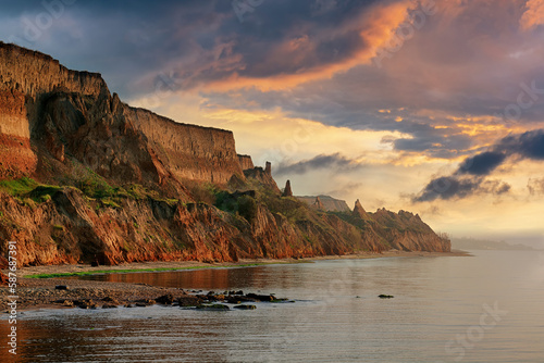 Colorful sunset at the sea coast.