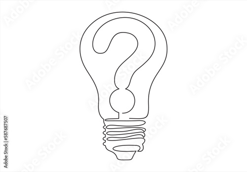 Vector idea lamp. One line style illustration. Electric light bulb with question mark. Concept of idea emergence. Isolated on white background minimalism design.