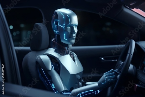 Humanoid Robot Driving Autonomous Futuristic Car, AI Generated
