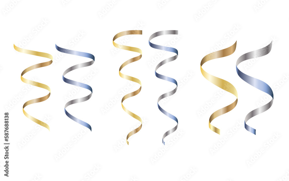 Set of curled ribbons serpentine, decoration elements, isolated on white background for gift, greeting, festive design, vector illustration Set of curled ribbons serpentine, decoration elements, isolated on white background for gift, greeting, festive design, vector illustration