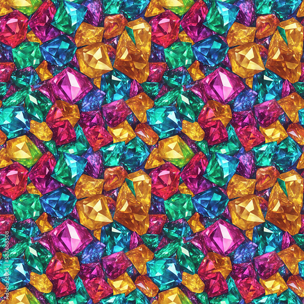 Seamless pattern with bunch of multicolored crystals, rubies, emeralds, amber. Generative AI