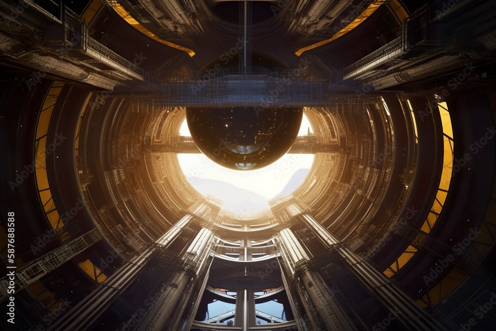 Sci-fi spacestation wallpaper illustration. AI generative Art. Stock