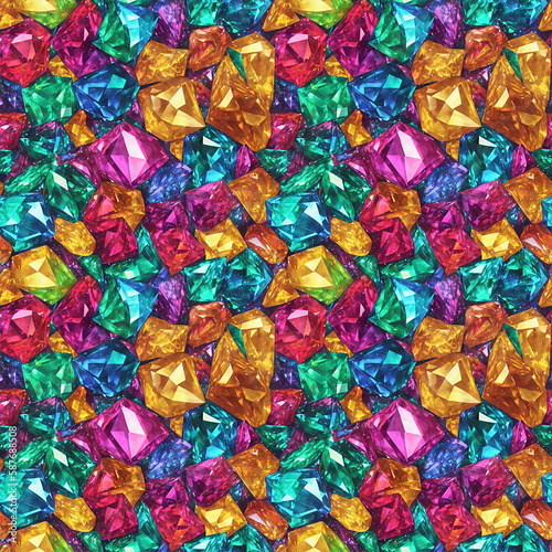 Seamless pattern with bunch of multicolored crystals, rubies, emeralds, amber. Generative AI