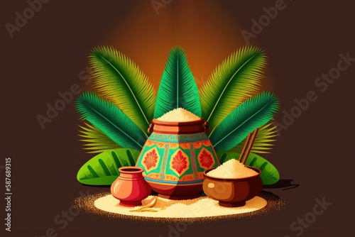 Happy Pongal celebration with sugarcane  Rangoli and pot of rice. Tamil family offering prayers. Indian cultural festival celebration concept illustration vector design. Generative Ai.