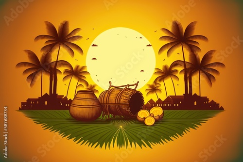 illustration of Happy Pongal Holiday Harvest Festival of Tamil Nadu South India greeting background. Generative Ai. photo