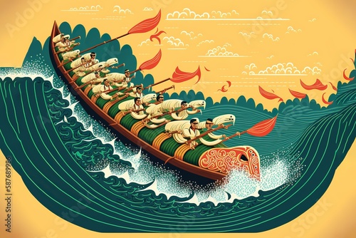 illustration of snakeboat race in Onam celebration background for Happy Onam festival of South India Kerala. Generative Ai. photo