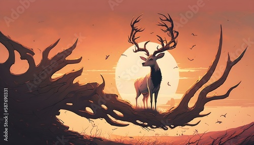 the deer standing on a giant branch that resembles an animal s horns against sunset sky  digital art style  illustration painting  Generative AI