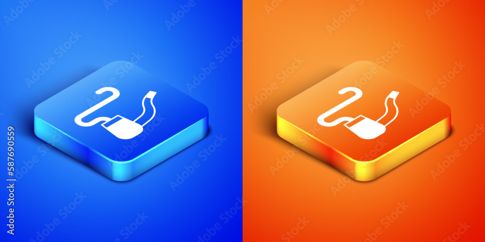 Isometric Smoking pipe with smoke icon isolated on blue and orange background. Tobacco pipe. Square button. Vector Isometric Smoking pipe with smoke icon isolated on blue and orange background. Tobacco pipe. Square button. Vector