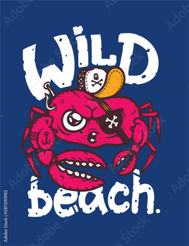 Angry crab in a cap and with a tattoo, the inscription "Wild Beach", vector illustration
