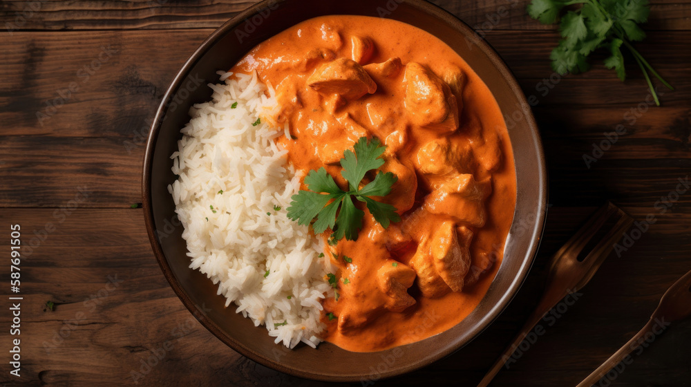 A Bowl with Chicken Tikka Masala and Rice