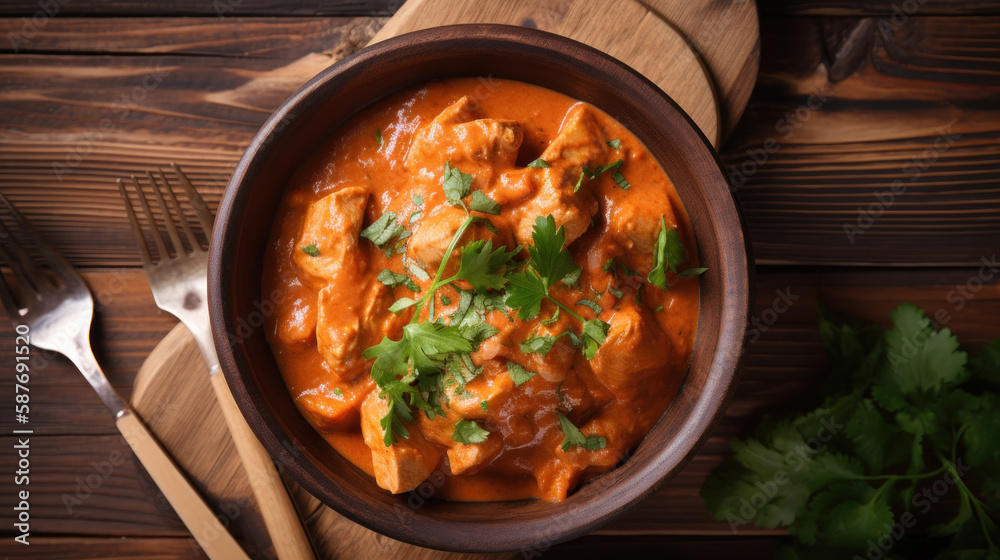 A Bowl with Chicken Tikka Masala in a Rustic Setting A Bowl with Chicken Tikka Masala in a Rustic Setting