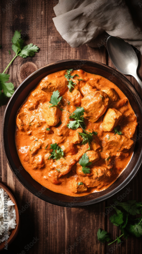 A Bowl with Chicken Tikka Masala in a Rustic Setting