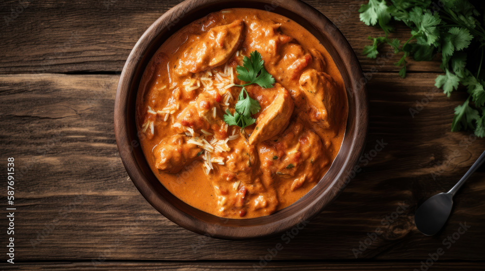 A Bowl with Chicken Tikka Masala in a Rustic Setting A Bowl with Chicken Tikka Masala in a Rustic Setting