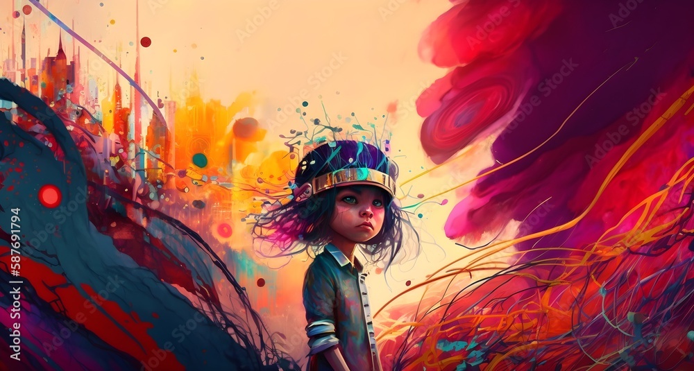 little girl with band on eyes walking on the colorful world, Generative AI little girl with band on eyes walking on the colorful world, Generative AI