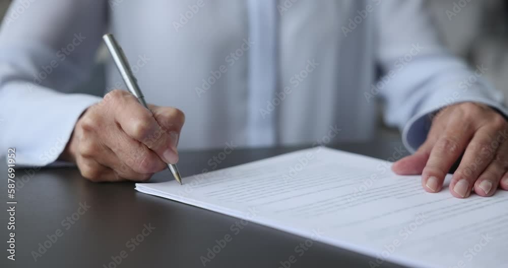 Close-up unknown middle aged business woman signing job contract, make successful purchase or investment deal, filling out legal document or form, signing an employment agreement after an interview