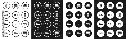 Set Pickup truck, Formula race car, All Terrain Vehicle ATV motorcycle, Scooter, Double decker bus, Retro minivan, Hatchback and Cargo ship icon. Vector