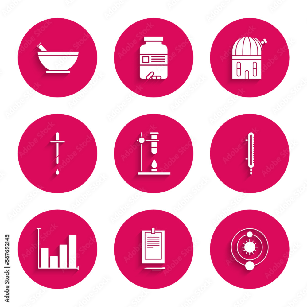 Set Glass test tube flask on fire heater, Solar system, Meteorology thermometer measuring, Pie chart infographic, Pipette, Astronomical observatory and Mortar and pestle icon. Vector Set Glass test tube flask on fire heater, Solar system, Meteorology thermometer measuring, Pie chart infographic, Pipette, Astronomical observatory and Mortar and pestle icon. Vector
