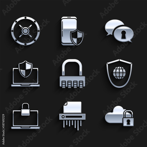 Set Safe combination lock, Paper shredder confidential, Cloud computing, Shield with world globe, Laptop and, protected shield, Protection of personal data and icon. Vector