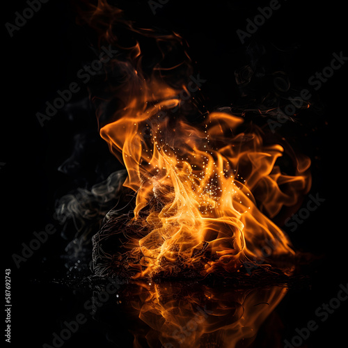 Flame of real Fire isolated on black background. High quality. Generative AI